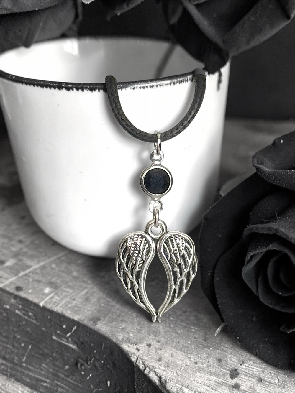 5 For $25💫Silver Angel Wings Pendant With a Black Acrylic Gem Accent